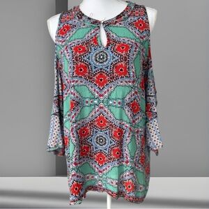 Democracy Cold Shoulder Boho Medallion Teal/Red Top Size Large